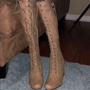 Brand New Tan wedge knee high boots 7.5